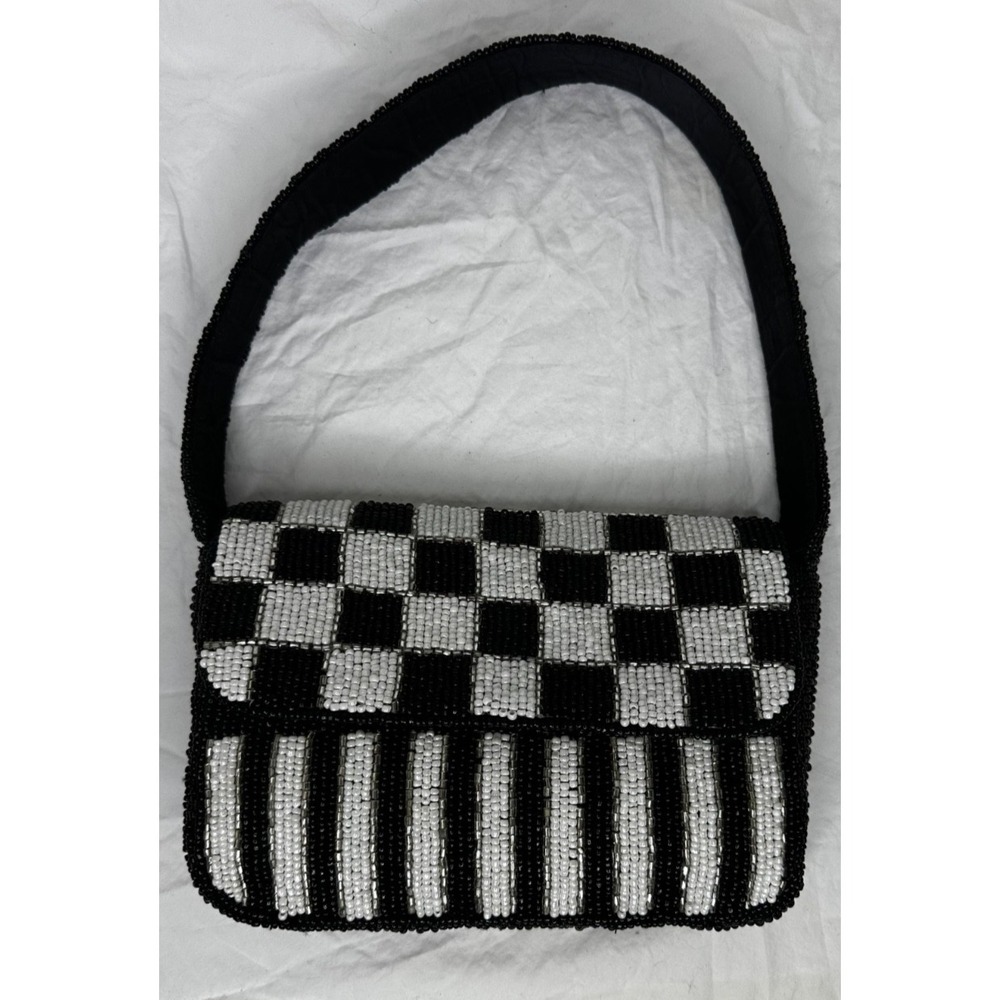 Studio 12 Beaded Purse Black White Stripe Checkered Shoulder Bag Flap